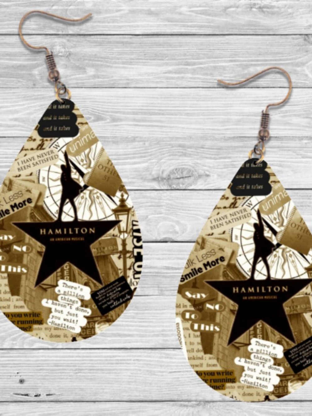 Hamilton Broadway Musical Earrings: Wooden Teardrop Hypoallergenic Earrings